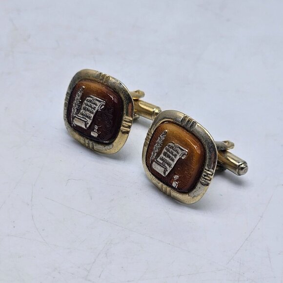 Vintage Brown Lucite Gold Tone Hebrew Scroll Quill Cufflinks - Picture 2 of 4